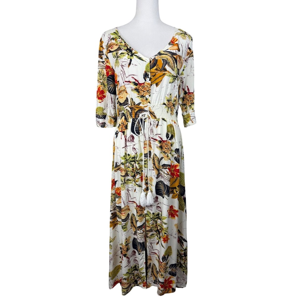 Tropical Floral Maxi Dress Women XL White Smocked Waist Tassel Boho